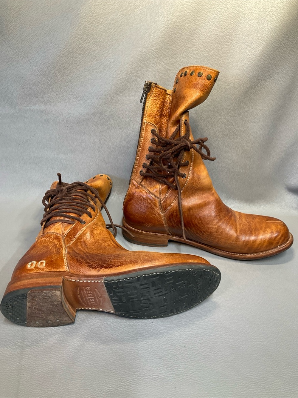 BED|STU Cognac Brown Leather Lace-Up Studded Ankle Boots - Picture 2 of 11